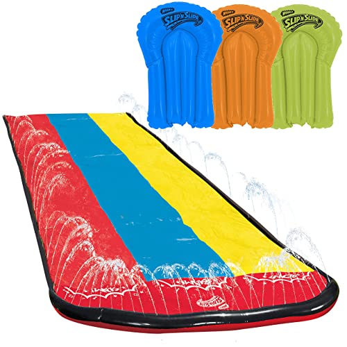 Wham-O Slip N Slide Triple Slip and Slide with 3 Bodyboards Premium Lawn Water Slide Super Slip Backyard Waterslides Outdoor Water Toys for Kids